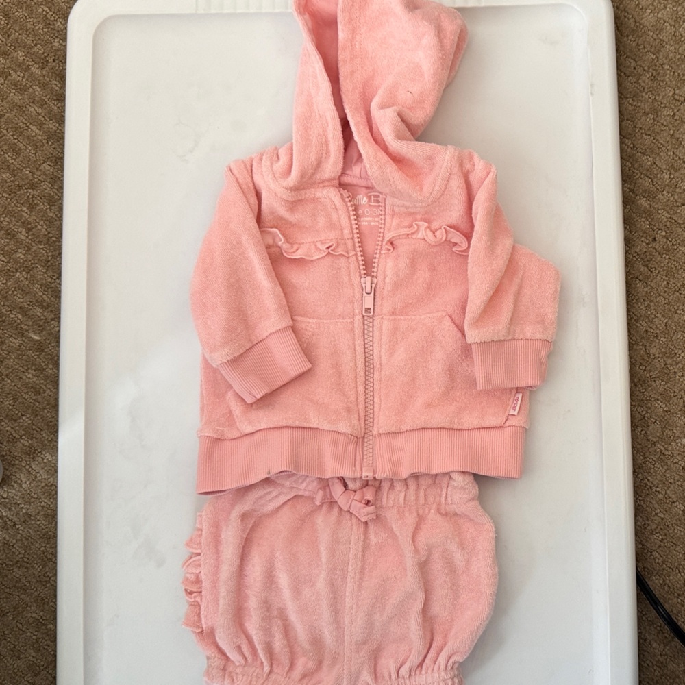 Pink Hooded Terry Cloth Ruffle Butts Hoodie and Shorts